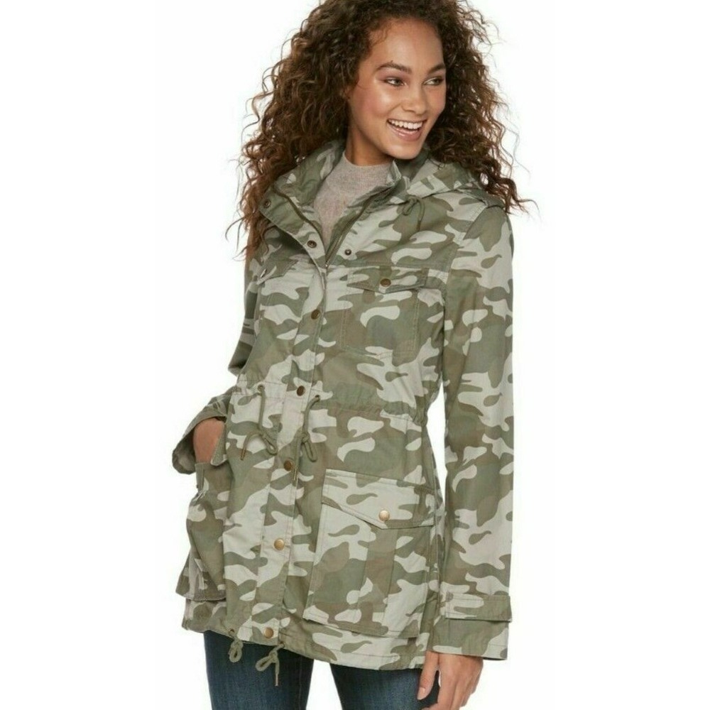 APT9  Women Small Camouflage Jacket Hooded Cotton Long Sleeve Long Canvas Green